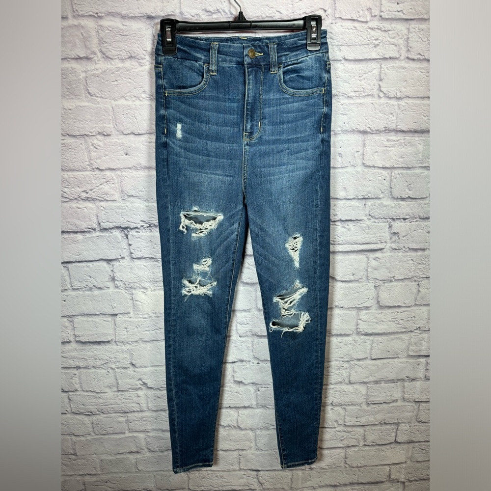 American Eagle distressed Curvy Super High Rise Jeggings dark wash size 4